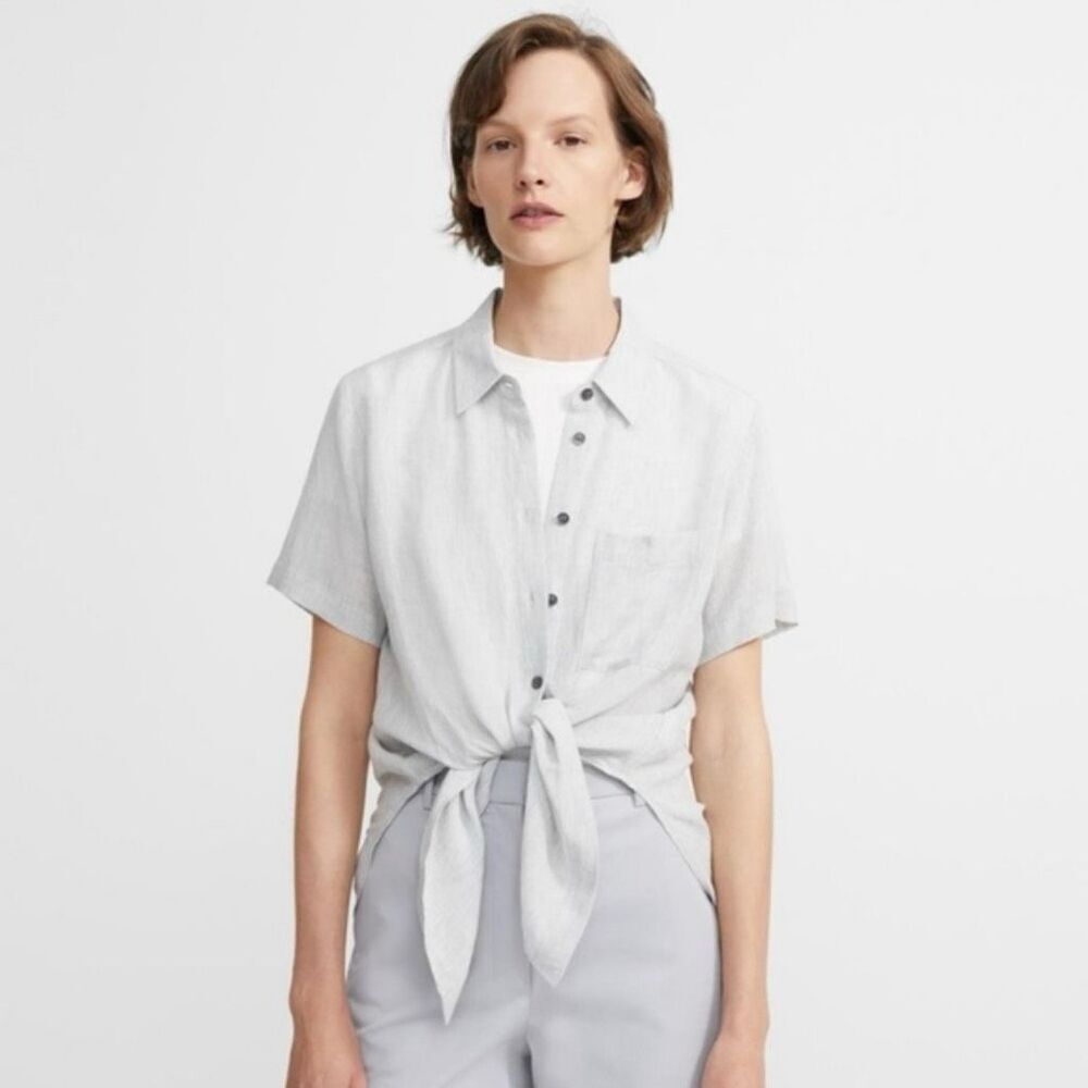 Theory Gray Hekanina Gray Linen Tie Front Button Down Small